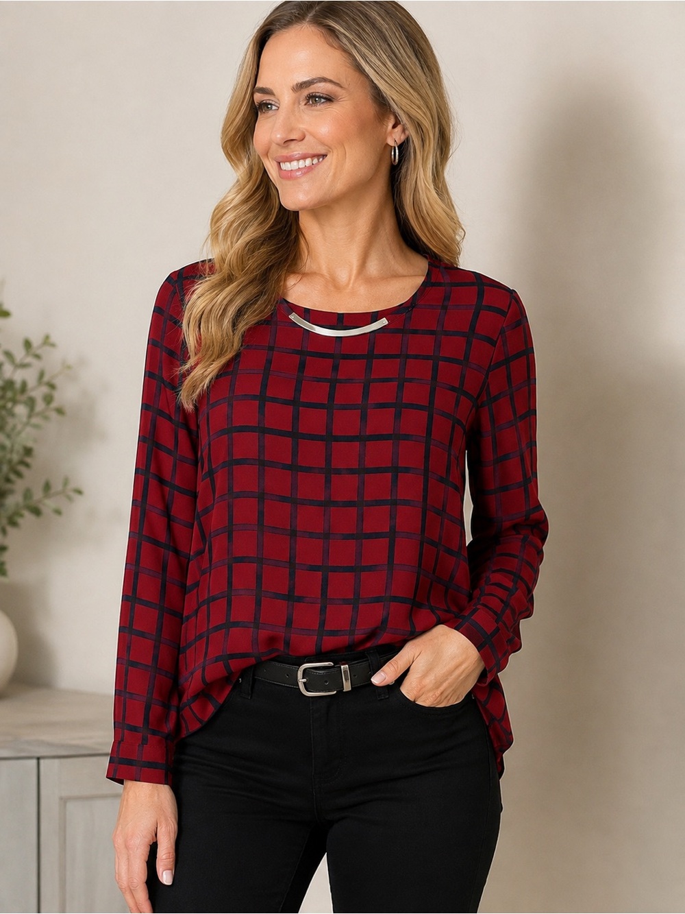 Michael Kors Red & Black Plaid Blouse Top Size 12